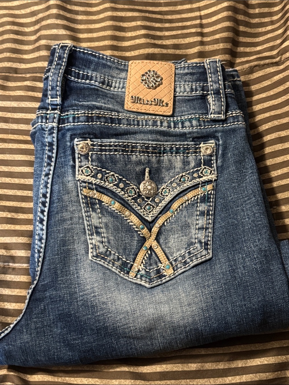 Miss Me Blue Distressed Bootcut Jeans with Embellished Back Pockets